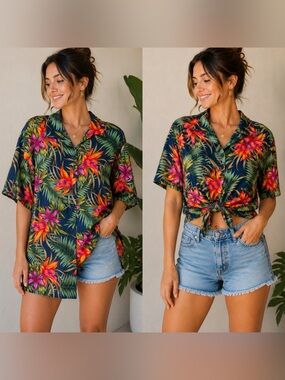 Vintage 90s Avanti Hawaiian Shirt Navy Blue Floral Tropical Viscose | Size M